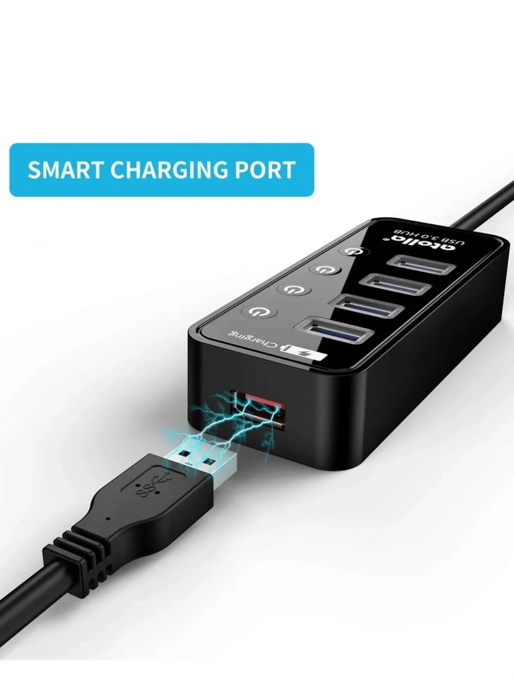 4-Port USB 3.0 Hub with 4 Data Ports, 1 Smart Charging Port, Individual On/Of...
